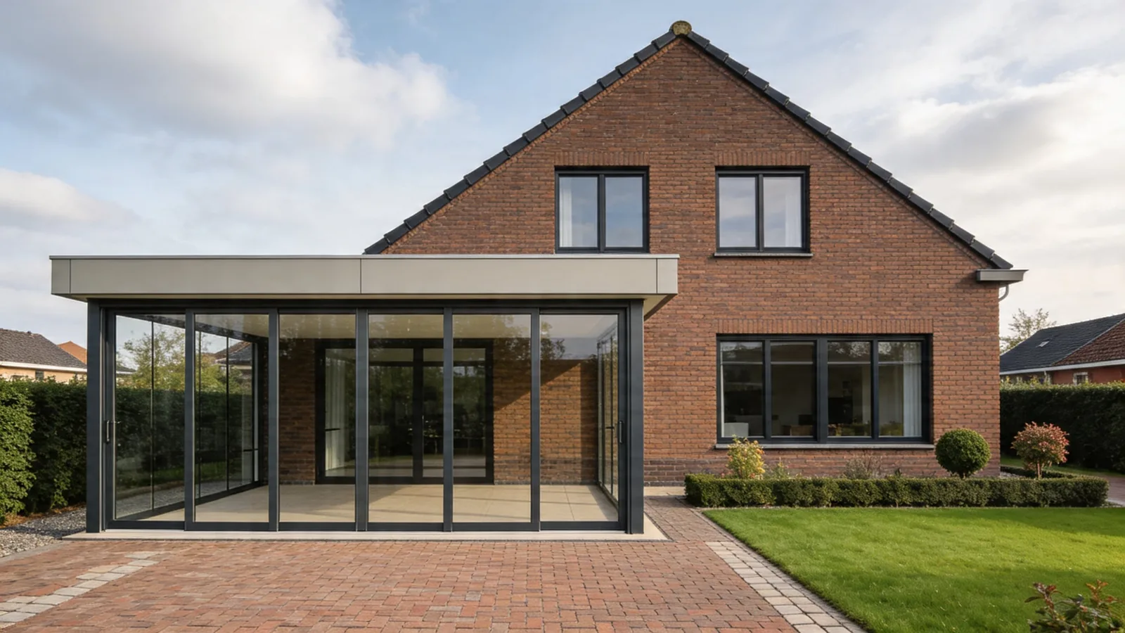 Verandera glazen schuifwand bij klassieke woning — moderne aluminium afwerking