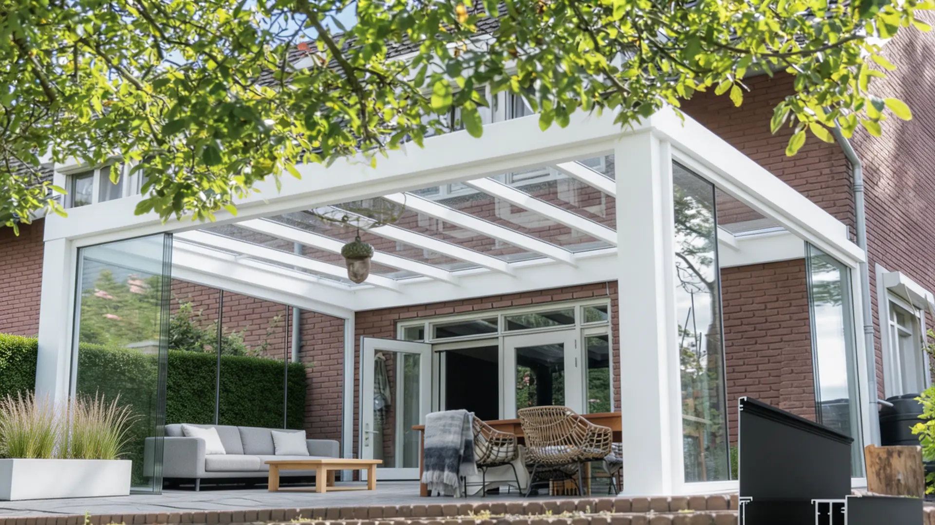 Verandera Majestic tuinkamer in wit met glazen dak bij vrijstaande woning — luxe aluminium tuinkamer op maat