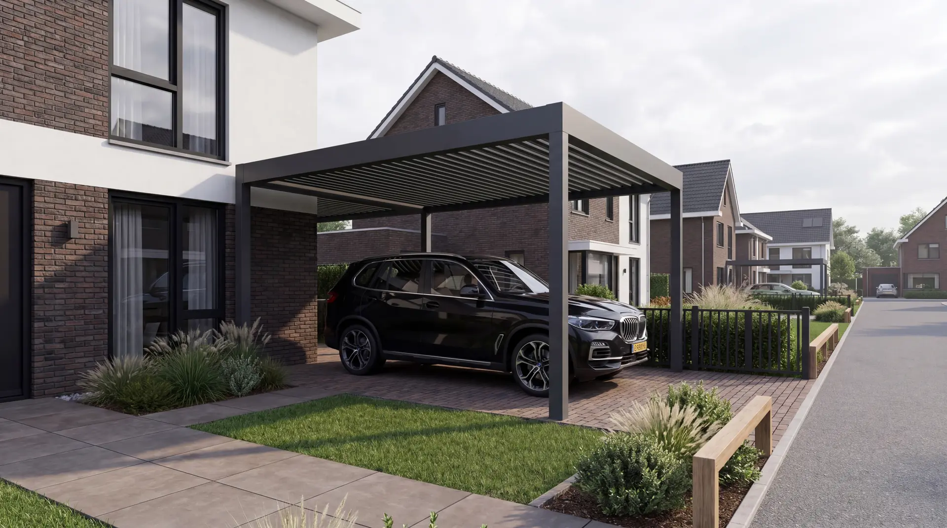 Verandera Shield carport in antraciet met louvre dak bij moderne woning — vrijstaande aluminium carport met BMW