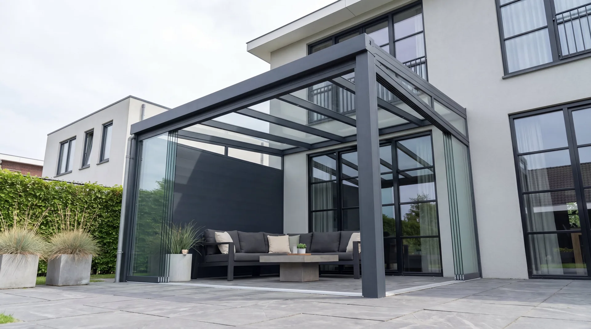 Verandera Elegance veranda met afgeronde dakgoot en glazen schuifwanden in antraciet — moderne aluminium veranda