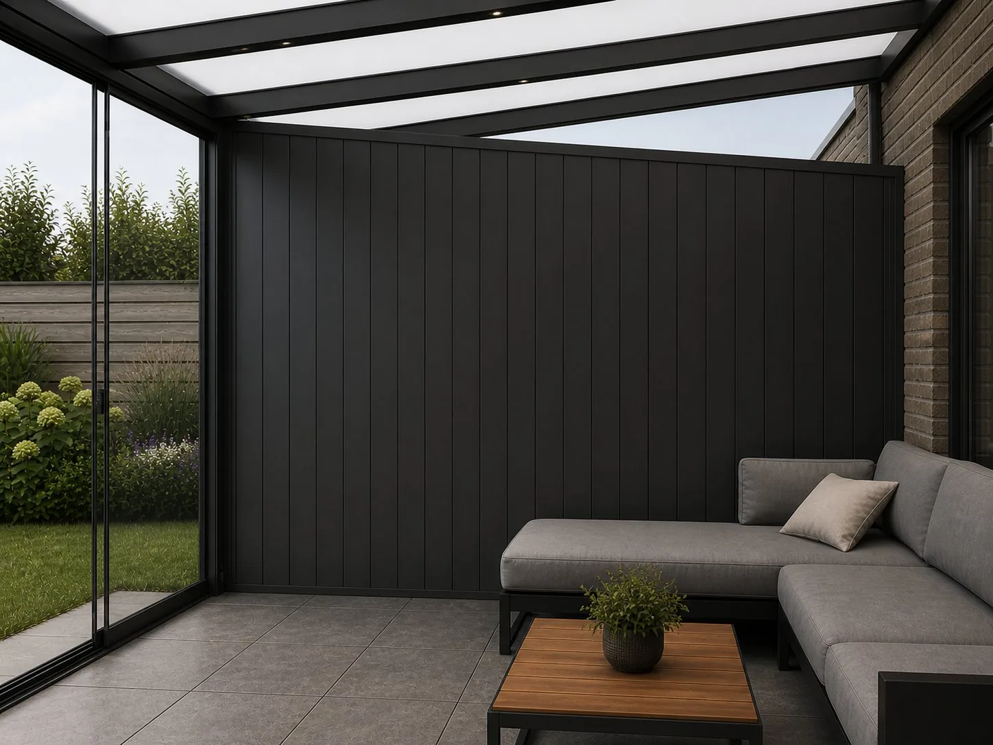 Verandera spie en zijwand met aluminium lamellen in antraciet — dichte zijafsluiting van veranda